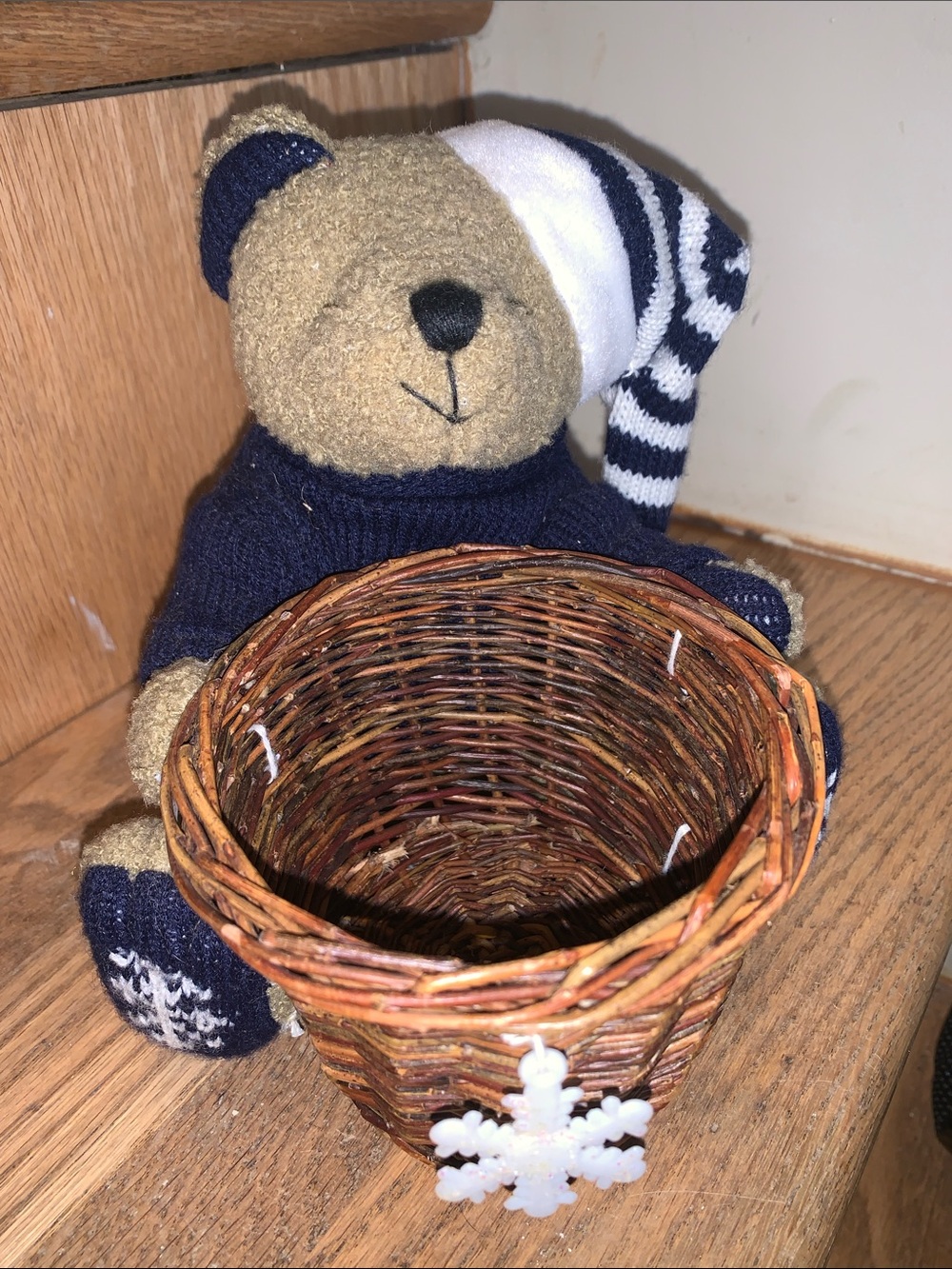 Plush Bear with basket Navy Hat & Sweater